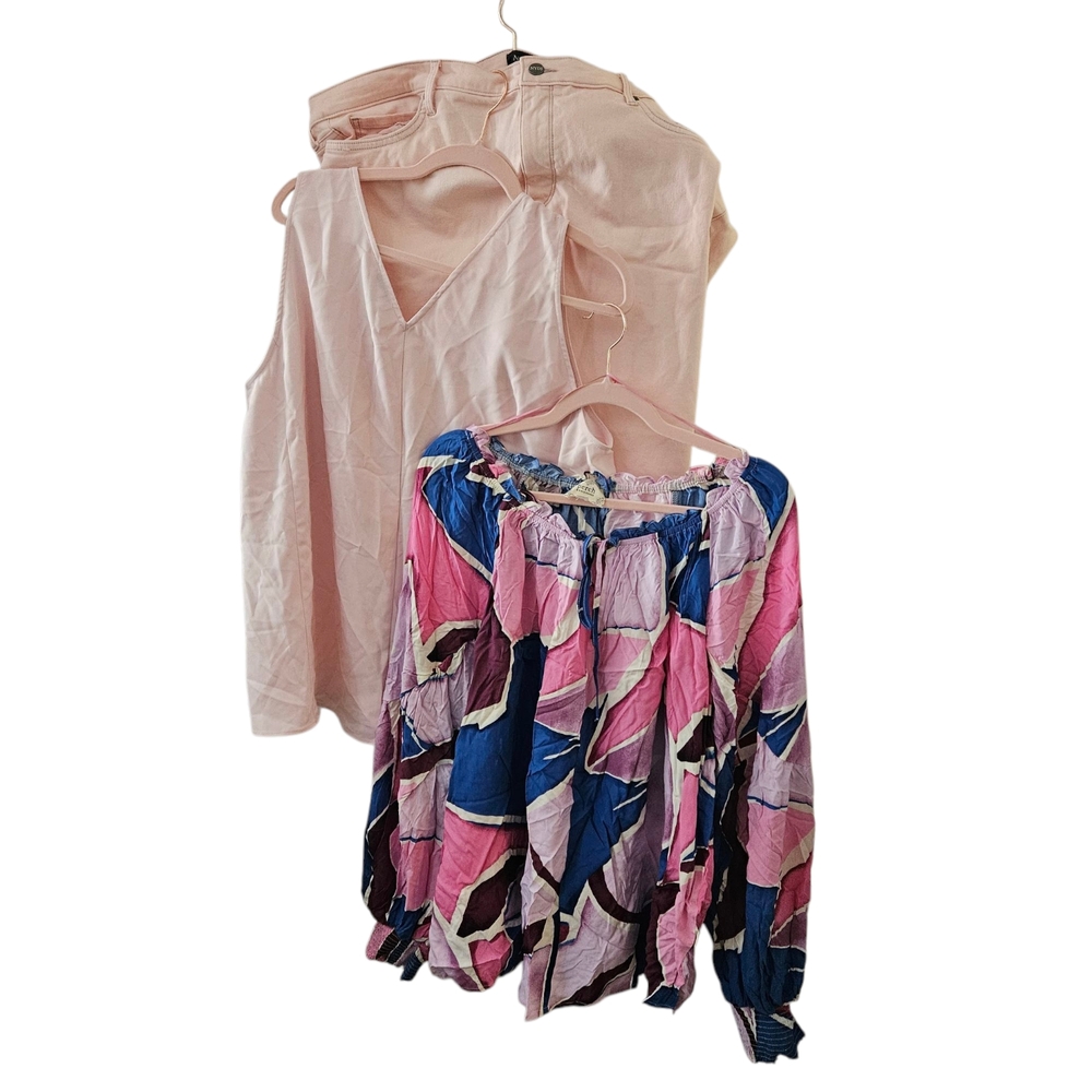 SPRING 3 PC  BUNDLE - Colorful Blouse and Light Pants Set W/ Cami
